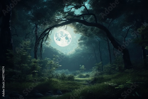 Night forest jungle moon. Generate Ai