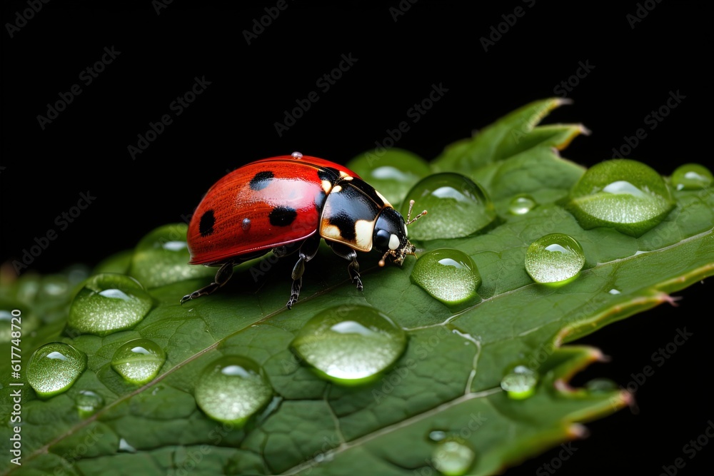 Vivid ladybug on lush leaf with raindrops - Nature's miniature marvel. Macro generative AI Vivid ladybug on lush leaf with raindrops - Nature's miniature marvel. Macro generative AI