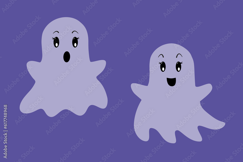 Cute Halloween ghosts, half-transparent objects on blue background, editable illustration, flat design style