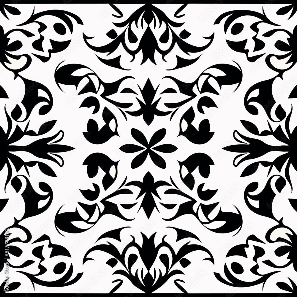 Elegant black and white floral damask pattern on white background.