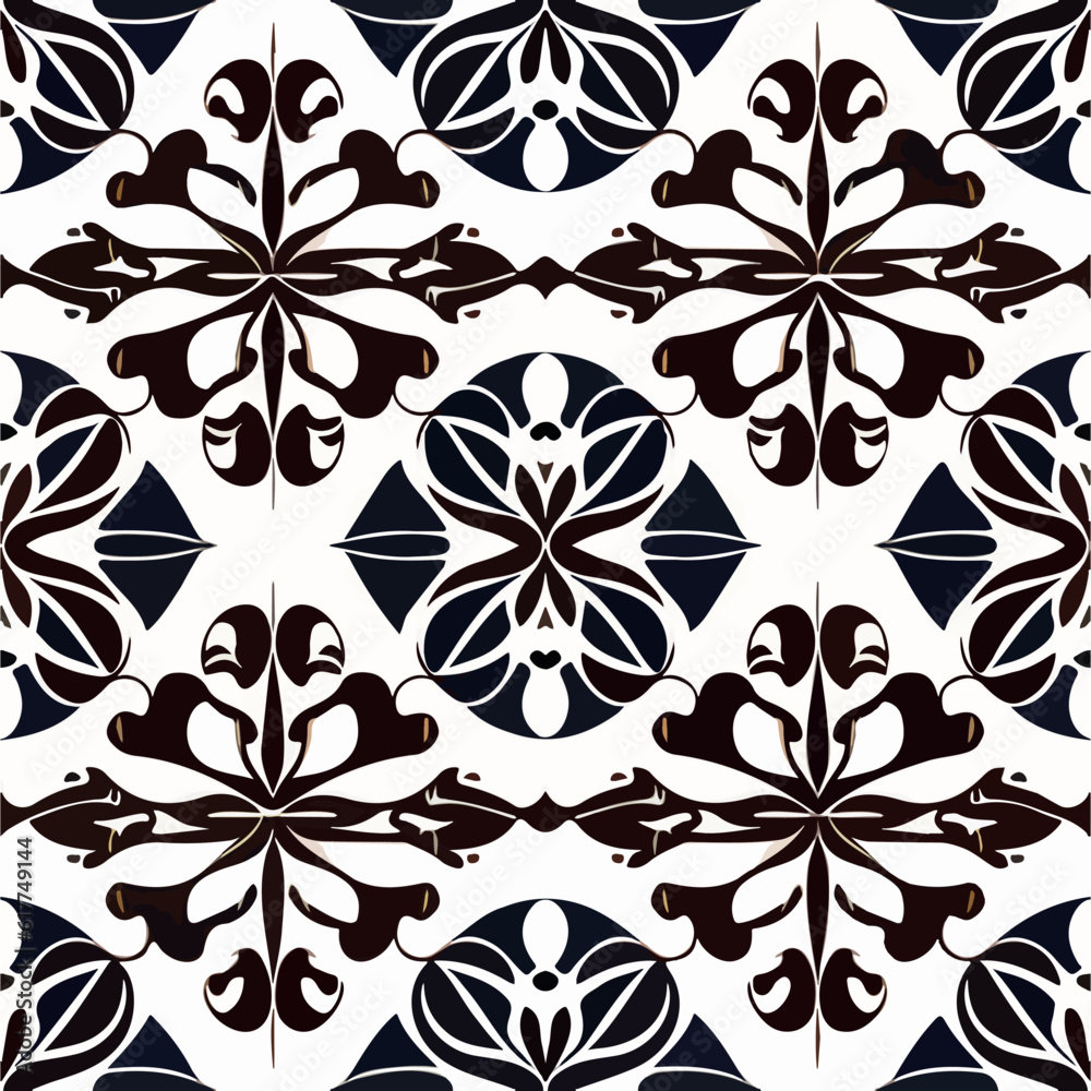 Beautiful black and white floral damask pattern on white background.