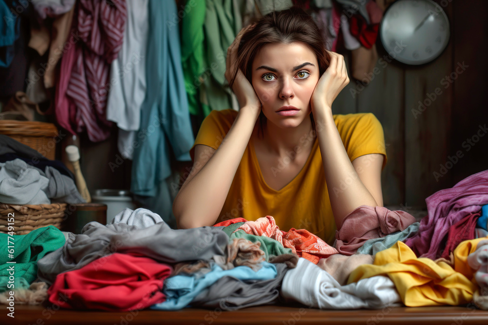 Generative AI frontal shot illustration of woman with worried face and gesture surrounded by dirty laundry