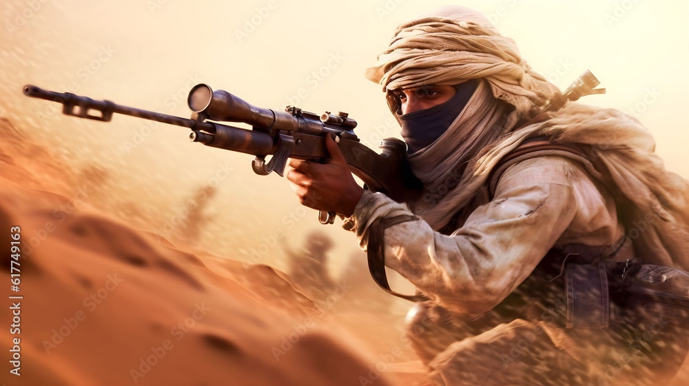 ancient arabic background design, moment of arab soldier in battle