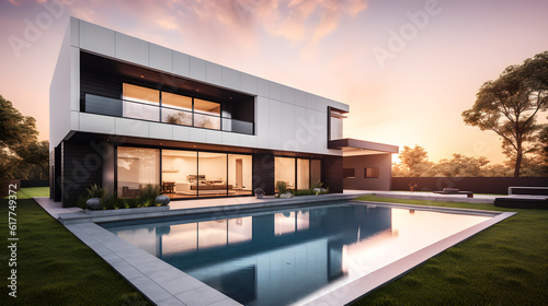 Modern big house with pool at evening view created with Generative AI