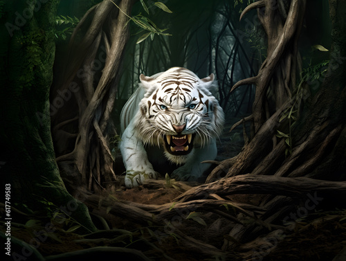 White tiger or bleached tiger in the jungle. AI generated