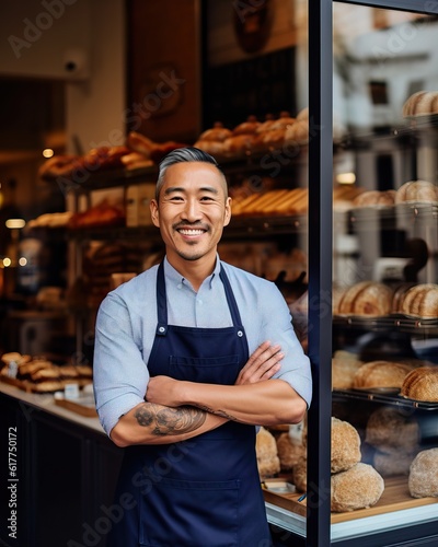 Proud small business owner in front of modern bakery storefront. Generative AI
