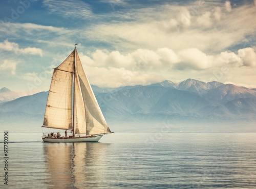 Sailing boat in the sea against the backdrop of mountains. Created with Generative AI technology. © lililia