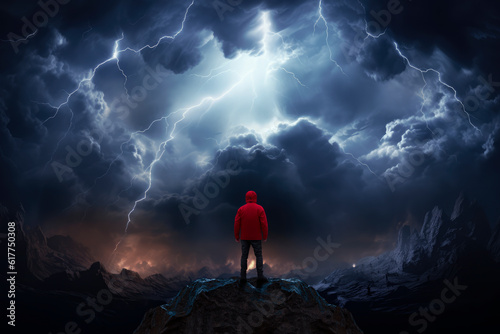 Man observes an epic landscape with flames and stormy. AI generative