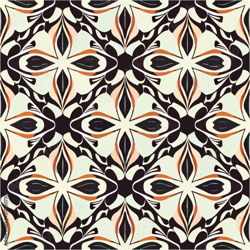 Dynamic black and white pattern with vibrant orange accents. Art deco and art nouveau fusion.