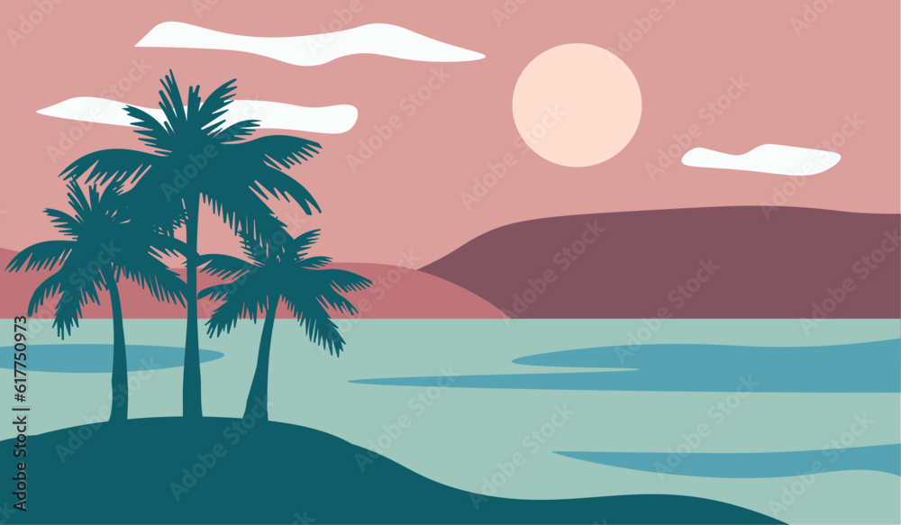 Cartoon flat panoramic landscape with the palms on colourful background. Vector illustration. Cartoon flat panoramic landscape with the palms on colourful background. Vector illustration.