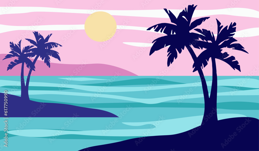 Cartoon flat panoramic landscape with the palms on colourful background. Vector illustration.