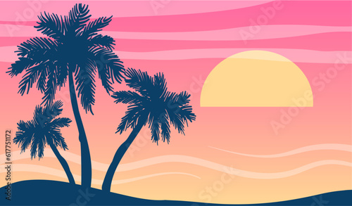 Cartoon flat panoramic landscape  sunset with the palms on colourful background. Vector illustration.
