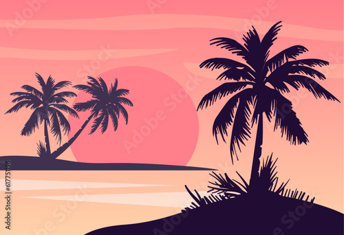 Cartoon flat panoramic landscape  sunset with the palms on colourful background. Vector illustration.