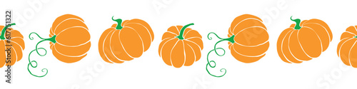 Vector edging, ribbon, border from orange pumpkins in flat style. Autumn seamless pattern, ornament, decorative element, decoration for seasonal design, Thanksgiving