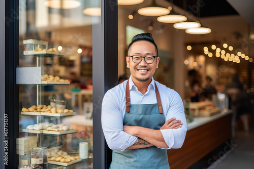 Proud small business owner in front of modern bakery storefront. Generative AI.