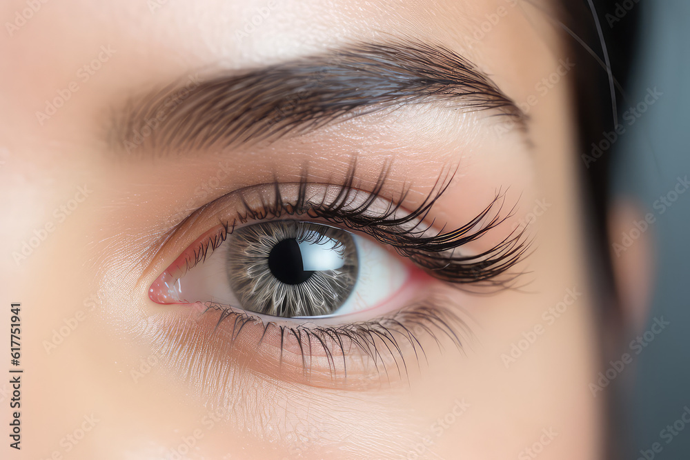 Close-up of a woman's eye with beautiful long black false eyelashes. Eyelash Extension salon Procedure. Generative AI photo. Close-up of a woman's eye with beautiful long black false eyelashes. Eyelash Extension salon Procedure. Generative AI photo.