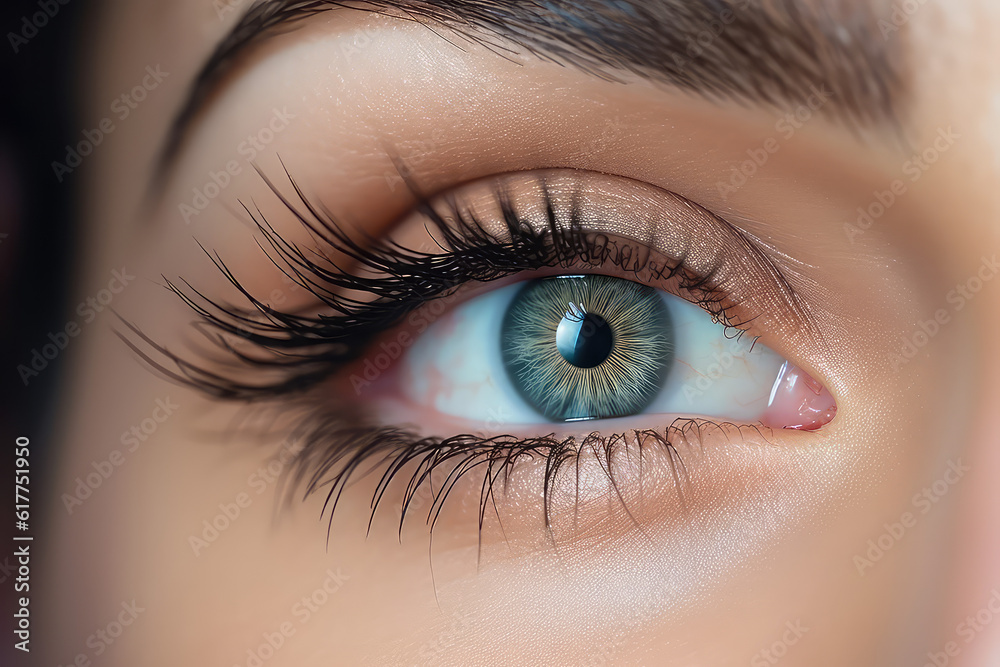 Close up of a woman's eye with beautiful long black false eyelashes. Eyelash Extension salon Procedure. Generative AI photo.