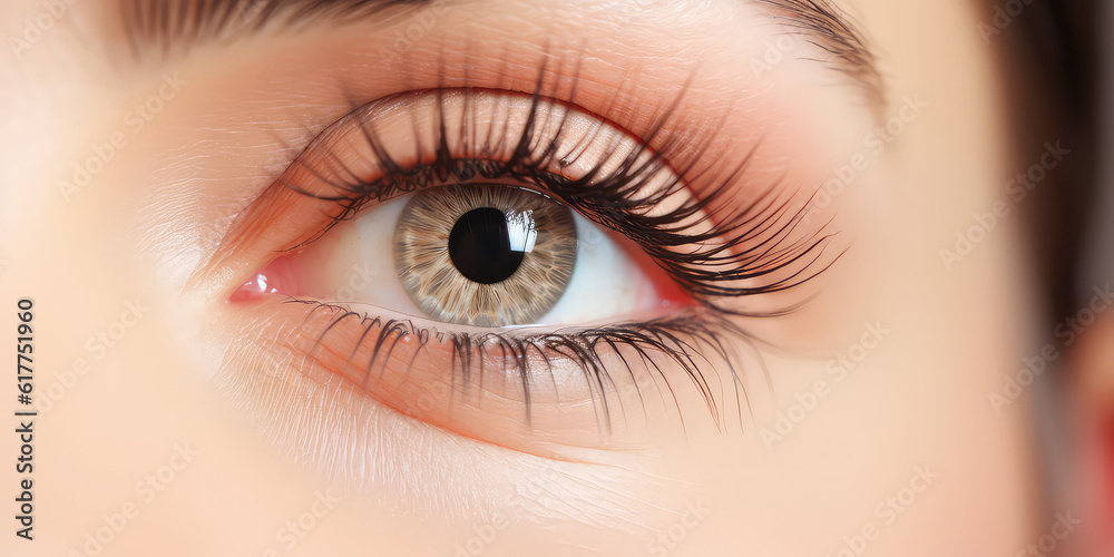 Obraz premium Closeup of a woman's eye with beautiful long black false eyelashes. Eyelash Extension salon Procedure. Generative AI photo.