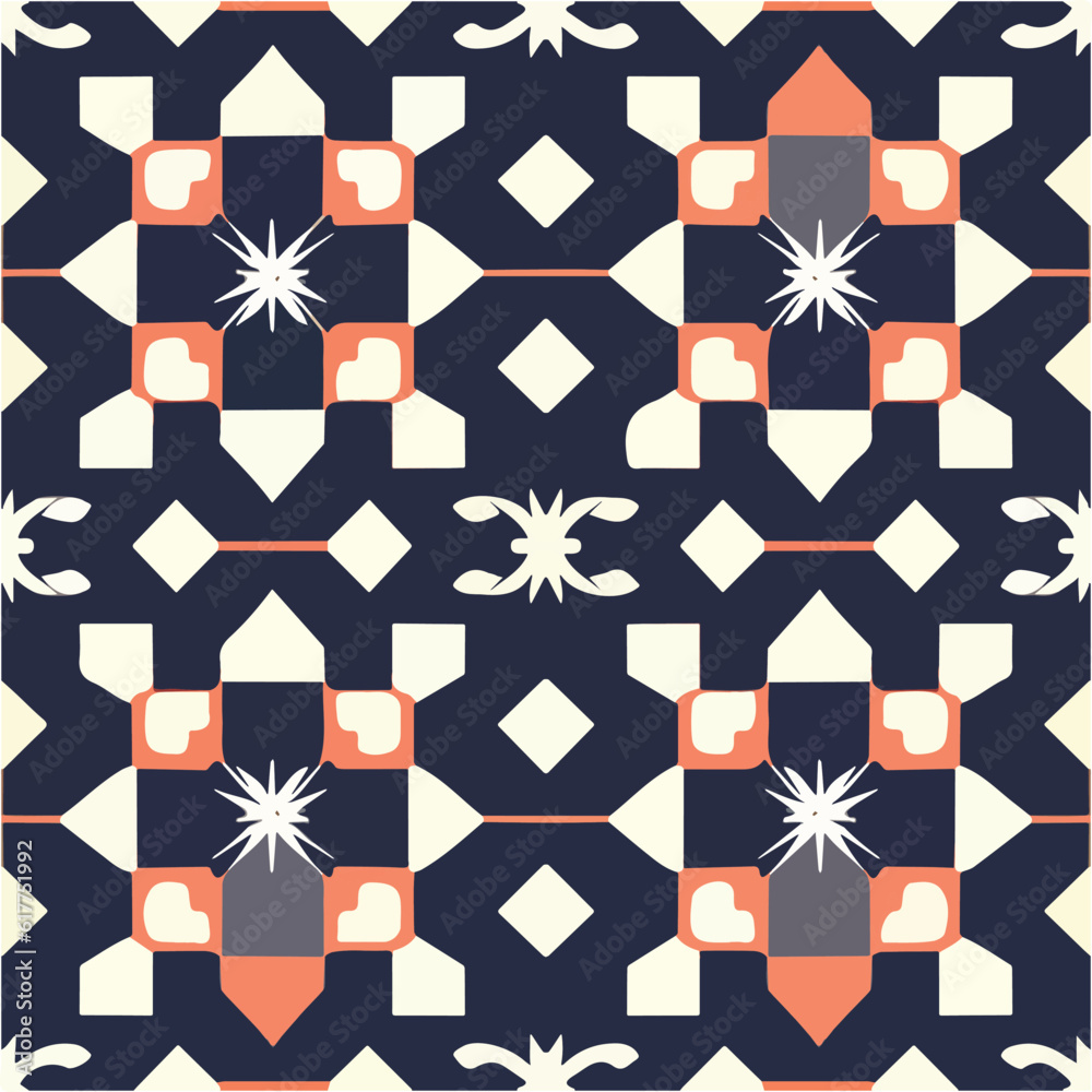 Eye catching black and white pattern with orange accents, suitable for fabrics and decorative applications. Eye catching black and white pattern with orange accents, suitable for fabrics and decorative applications.