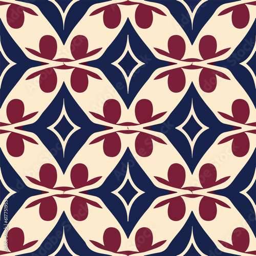 Eye catching red and white pattern on blue background. Art nouveau meets aizome and art deco.