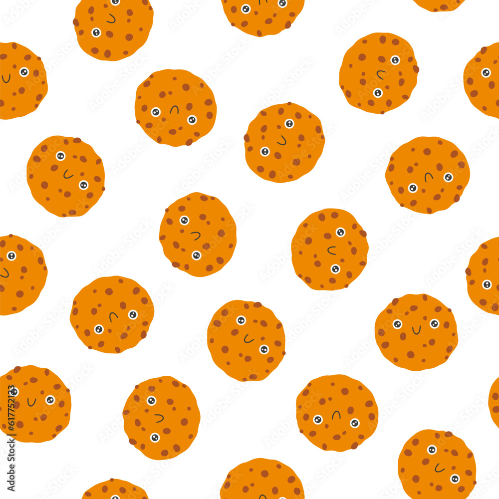 Obraz premium Chocolate chip cookies seamless pattern cute smile. Hand drawn nursery cartoon doodle kawaii dessert character. Childish vector illustration in a simple naive style. Perfect for printing.