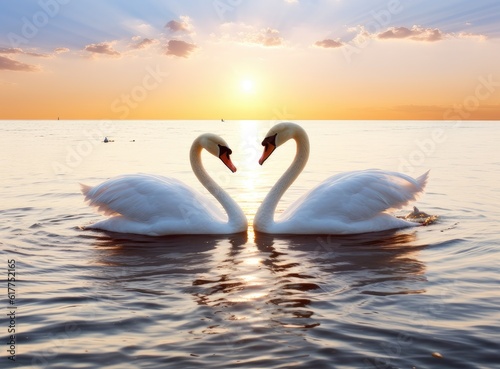 The couple of swans with their necks form a heart. Mating games of a pair of white swans. Swans swimming on the water in nature. Valentine's Day background. Created with Generative AI technology.