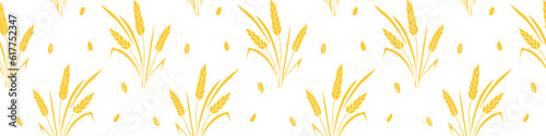 Wheat spikelets and grains, vector seamless pattern in flat style, isolated. Design of print, wrapping paper, packaging on theme of bakery products, flour, harvest, thanksgiving