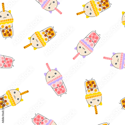 Bubble tea box seamless pattern cute smile. Hand drawn nursery cartoon doodle kawaii drink milk shake character. Childish vector illustration in a simple naive style. Perfect for printing.