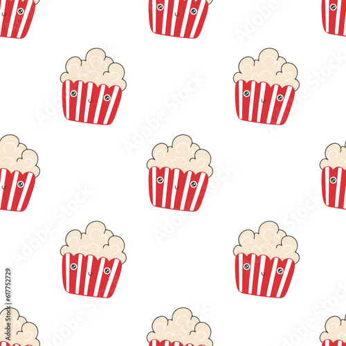 Popcorn box seamless pattern cute smile. Hand drawn nursery cartoon doodle kawaii fast food snack character. Childish vector illustration in a simple naive style. Perfect for printing.