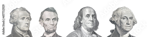 Portraits from US dollar bills isolated. US presidents. Alexander Hamilton, Abraham Lincoln, Benjamin Franklin, George Washington.