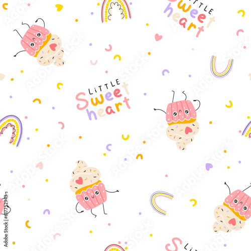 Cupcake and a rainbow seamless pattern with candy sprinkles cute smile. Hand drawn nursery cartoon doodle kawaii dessert character. Childish vector illustration in a simple naive style.