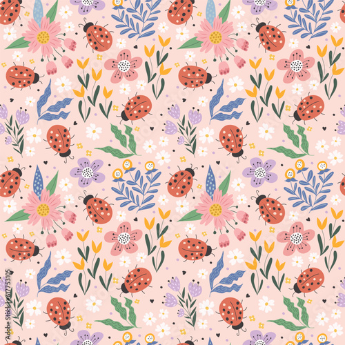 Ladybugs among flowers. Summer pattern. Seamless pattern, vector illustration