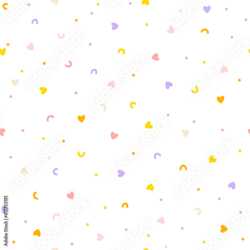 Hearts confetti seamless pattern. Cute Hand-drawn nursery cartoon doodle in a pastel palette. Childish vector illustration, simple naive style. for printing fabrics, packaging, textiles, baby clothes.