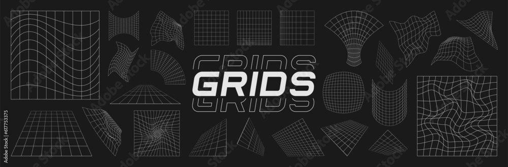 Set of retrofuturistic design elements. Perspective grids, gravity visualization. Pack of cyberpunk 80s style design elements. Cyberpunk style vector collection.
