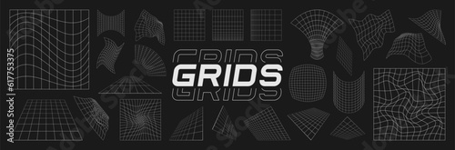 Obraz na płótnie Set of retrofuturistic design elements. Perspective grids, gravity visualization. Pack of cyberpunk 80s style design elements. Cyberpunk style vector collection. w salonie