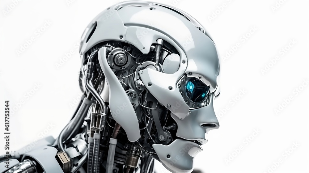 Futuristic Artificial intelligence, a digital humanoid android robot head.