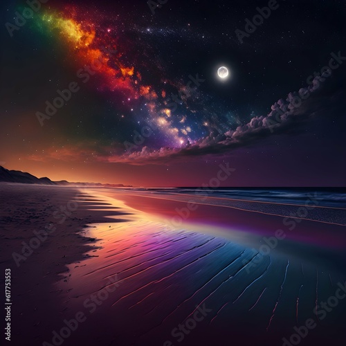 Under the starry sky a fantastic rainbow covers the beach Starlight meteor silver crescent moon and Milky Way starlight scattered on the beach golden colorful dreamy super wideangle light infinite 