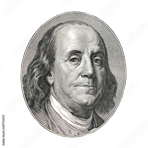 Benjamin Franklin cut from old 100 dollars banknote isolated on white background. Fragment