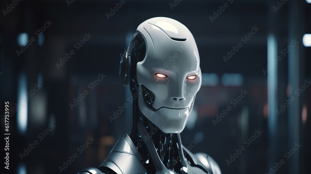 Fototapeta premium a close-up of a humanoid robot with a white head and red glowing eyes.