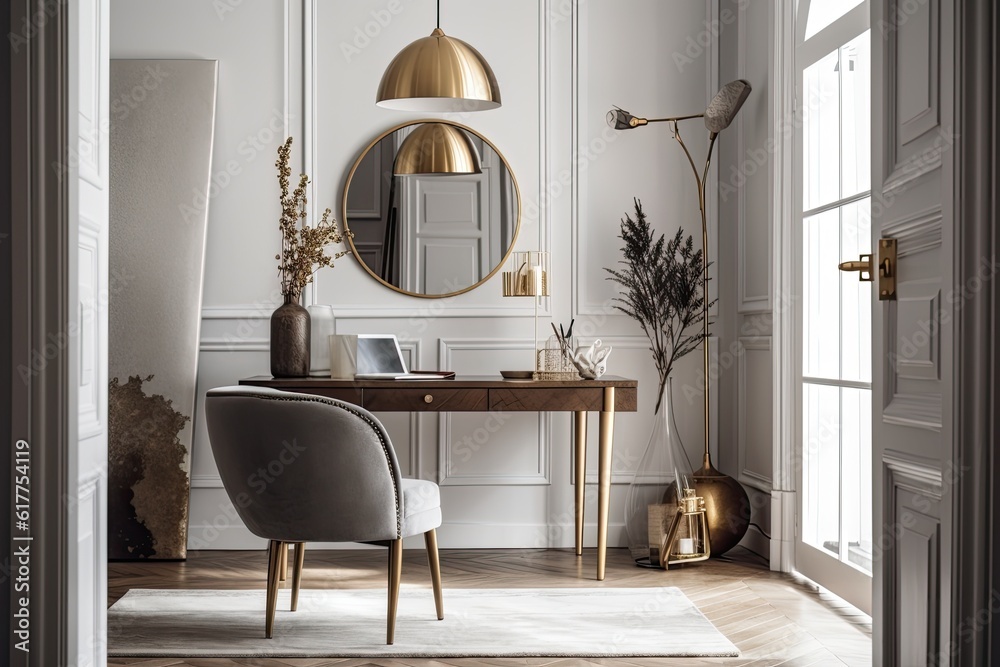 Interior of a chic and refined home featuring a wooden desk, a chair upholstered in grey velvet, decorative accents, a gold lamp, and a hanging mirror on a white wall. Woman's room design accent piece Interior of a chic and refined home featuring a wooden desk, a chair upholstered in grey velvet, decorative accents, a gold lamp, and a hanging mirror on a white wall. Woman's room design accent piece