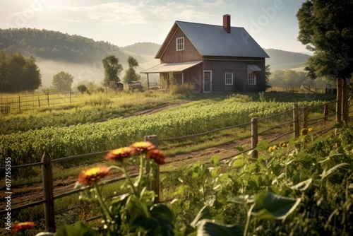 Illustration of a classic American farm in the wild - Generative AI