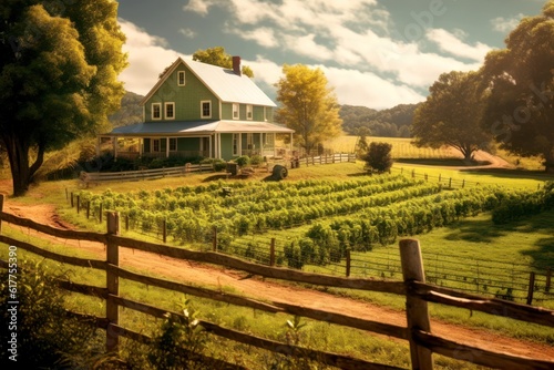 Illustration of a classic American farm in the wild - Generative AI