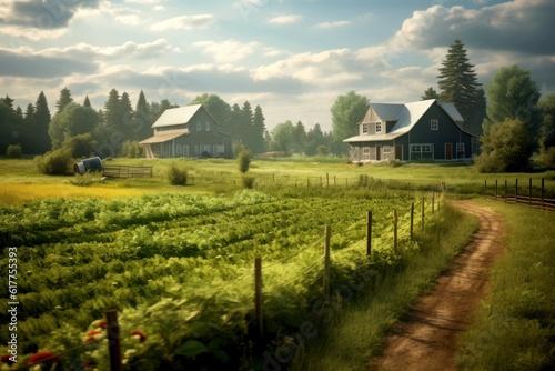 Illustration of a classic American farm in the wild - Generative AI