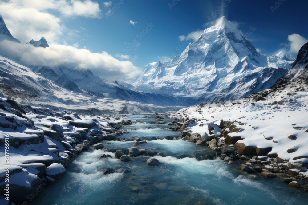 Snowy mountains and mountain river, background. AI generative.