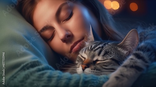 The cat is sleeping in the girl s arms. A cozy evening. Hugs with cats. Love for cats. Home comfort. Generative AI