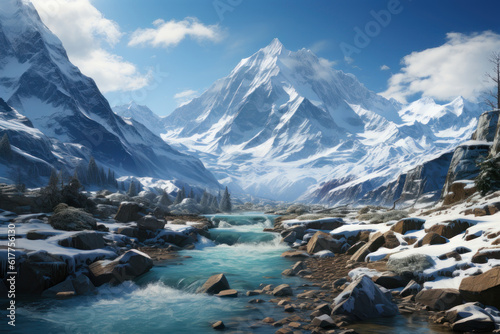 Snowy mountains and mountain river. AI generative.