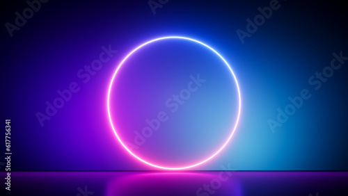 Glowing neon background with fluorescent ring  blank round frame. 3d rendering.