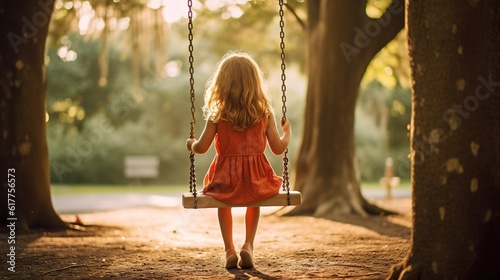 a little girl sitting on a swing in a park