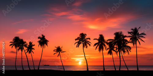palm tree under orange sky, generative Ai