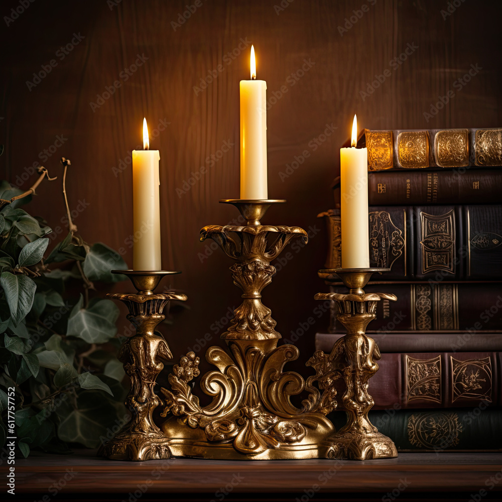 Golden candlestick with burning candles on wooden shelf Golden candlestick with burning candles on wooden shelf